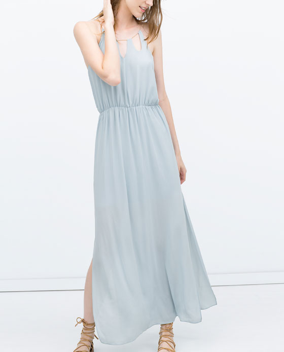 Zara long dress with chain line in sea green | Style Point of View Blog